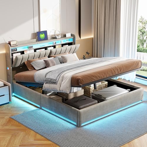 QMTXBYJ Letto Matrimoniale con Contenitore 160x200 cm con LED e USB, Letti matrimoniali moderni con testiera e vano portaoggetti, Letto imbottito 160x200 con Contenitore, Senza Materasso,velluto
