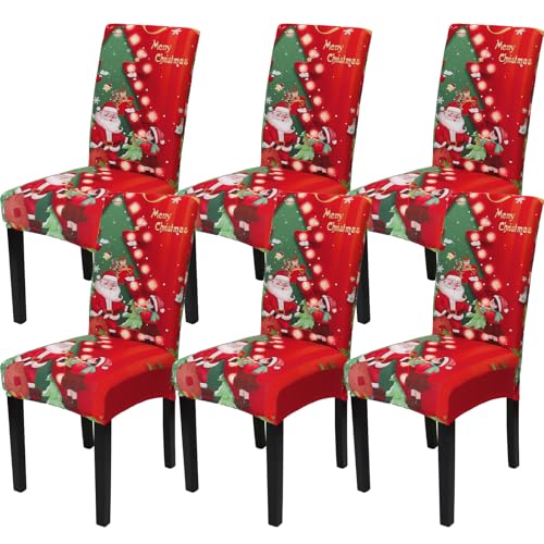 Betylifoy Coprisedia di Natale 6PCS Stretch Natale Sedia da Pranzo Slipcover con Albero Alce Natale Sedia Protettore Copre per Natale Decorazione per Feste Natalizie (Rosso-Albero)
