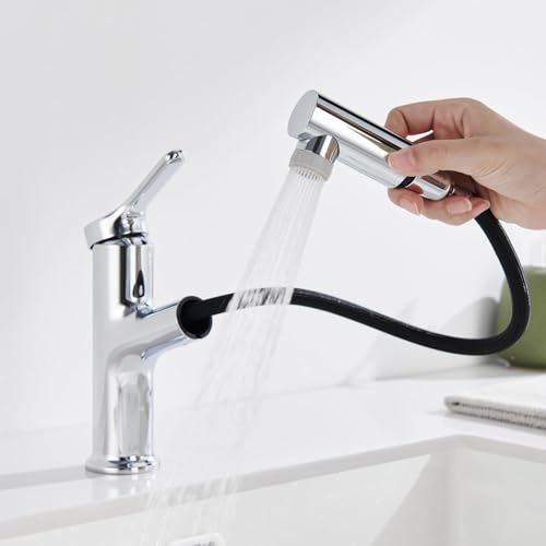 DETBOM Rubinetto Bagno con Doccetta Estraibile a 2 Modalità, Miscelatore Lavabo Bagno, Rubinetti Monocomando, Adatto Lavabo da Appoggio, Aeratore Rimovibile, Acqua Calda/Fredda, Senza Piombo, Cromato