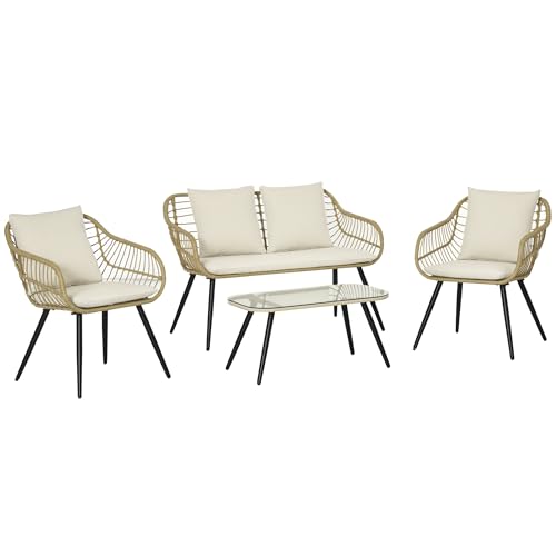 Outsunny Set di Mobili da Giardino in Rattan 4 Pezzi, Salotto da Esterno con Divanetto 2 Posti, 2 Poltrone con Cuscini Lavabili e Tavolino con Piano in Vetro, Anti UV, Naturale e Beige