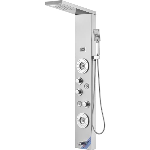 VEVOR Sistema Pannello Doccia, 6 Modalità Doccia, LED e Display Pannello Doccia Torre, Pioggia, Cascata, Bocca per Vasca, Soffione Doccia a Mano, Tubo da 59", Set Doccia a Parete in Acciaio Inox