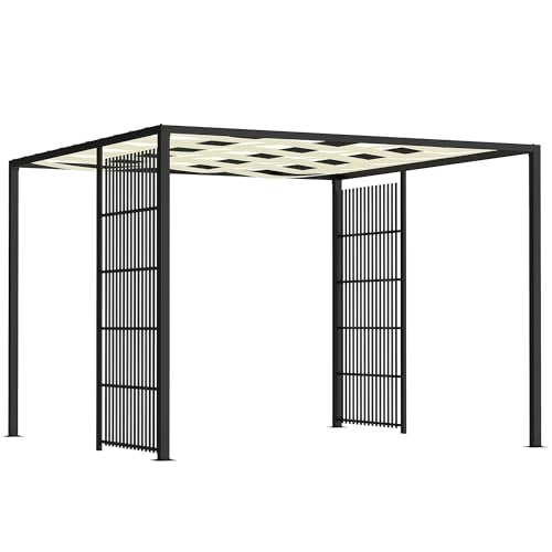 Outsunny Gazebo Pergola 3x3m con Schermi Laterali per Privacy e Copertura Ondulata, Gazebo da Giardino in Metallo e Poliestere con Viti, per Terrazza, Esterno e Patio, UV30+, Nero