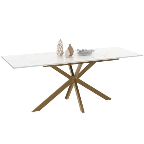 IDMarket - Tavolo da pranzo allungabile rettangolare Alix 6-10 persone piede ragno ottone piano effetto marmo dorato Alaska 160-200 cm