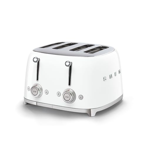 Smeg, Tostapane 4x4 TSF03WHEU, 4 Scomparti per 4 fette, 6 Livelli di Doratura, Funzione Riscaldamento, Scongelamento e Bagel, Espulsione Automatica del Pane, 2 Cassetti Raccoglibriciole, 2000W, Bianco