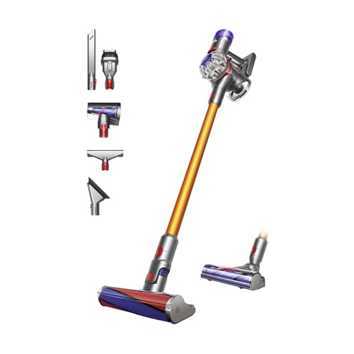 Dyson V8 Absolute™ Aspirapolvere senza filo – 115 AW,40 minuti di autonomia,Spazzola Motorbar anti groviglio, Spazzola a rullo morbido,bocchetta a lancia,stazione di ricarica a muro,Argento/Giallo