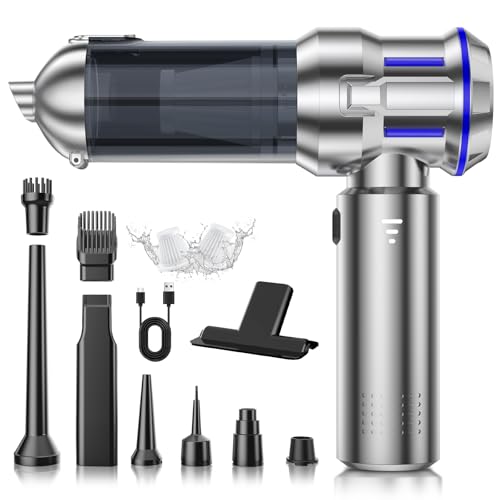 Aspirabriciole Senza Fili, 22000Pa Aspirapolvere Auto 4 in 1 con Scarico Polvere Automatico a un Tocco, Motore Brushless, Aspirazione a 3 Velocità per Casa/Auto/Peli di Animali Aomestici, Argento Blu