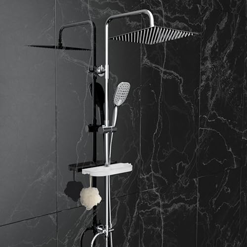 Görbach Colonna Doccia idromassaggio Acciaio Inox Senza Miscelatore Fori Muro Regolabili Cromo Asta Doccia Set Doccia a Pioggia Con Doccetta,Porta Ogetti Mensola e Soffione Doccia 30 * 30 cm