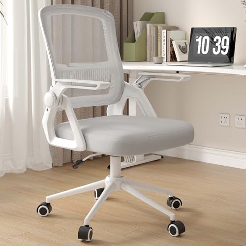 naspaluro Sedia da Ufficio Scrivania Ergonomica, Con Braccioli Pieghevoli, Altezza Regolabile, Seduta e Schienale in Rete Respirante, Girevole con Ruote, Funzione Oscillante Grigio