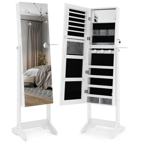 IYUESQ Mobiletto portagioielli con Specchio a Figura Intera, Organizer portagioielli con Serratura, luci LED a 3 Colori, portaphon, portagioielli da Terra