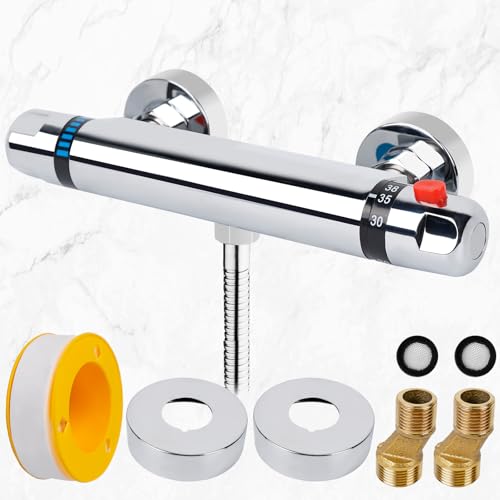 Miscelatore Doccia Termostatico, G 1/2" Rubinetto Doccia a due Uscite, Rubinetto per Doccia, Blocco di Sicurezza a 38°, Controllo Costante Della Temperatura