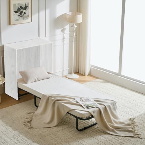 Shally Dogan Mobile Letto a Scomparsa, Giroletto Singolo Salvaspazio Richiudibile con Materasso Ergonomico Incluso, Armadio e Lettino da Parete Pieghevole Estraibile con Doghe (Bianco Frassinato)