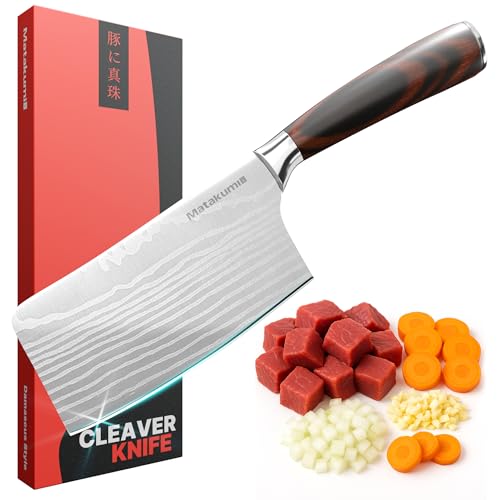 Matakumi Mannaia da Cucina 18 cm Lama – Coltello da Cucina Professionale Extra Affilato in Acciaio Inossidabile Damast Stil, Mannaia da Macellaio, Coltello Mannaia Cinese