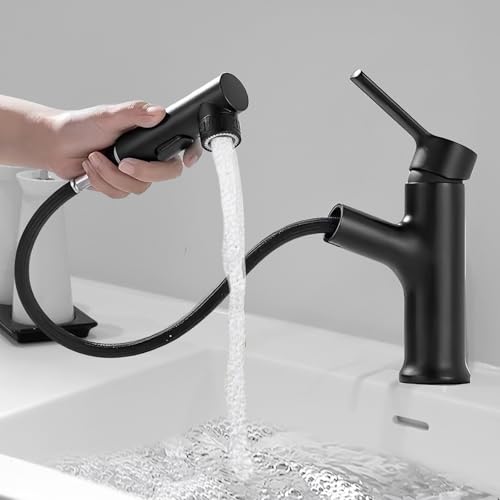 WANDGU Rubinetto da bagno: rubinetto per lavabo nero, doccetta estraibile, miscelatore monocomando ad alta pressione con 3 tipi di getto, attacco G3/8 per bagno, montaggio a parete in ottone di alta