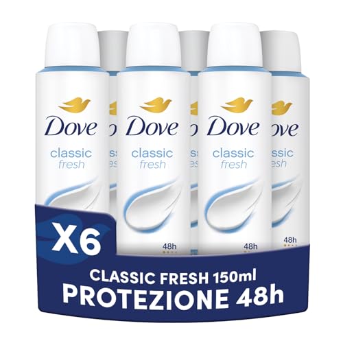 Dove Deodorante Spray, Classic Care, Deodorante Antitraspirante Spray, Protezione Fino a 48 Ore, con 1/4 di Crema Idratante, Formula Delicata, Deodorante Uomo e Donna, 6 Pezzi da 150 ml