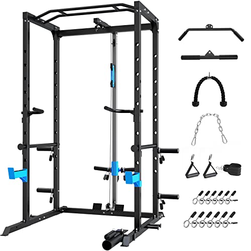 WINNOW Squat rack Altezza regolabile Power Cage con Pull Up Bar, Multi-Funzione Home Gym Power Tower Allenamento di Forza Squat stand Barbell Rack (Gabbia di potenza con sistema a carrucola)