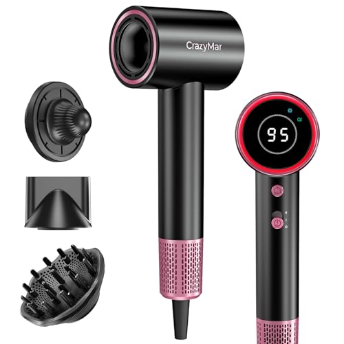 CrazyMar Asciugacapelli Ionico,180.000 giri/min Asciugacapelli Professionale – Asciugatura 5X più Veloce,Con 4 Temperature,Protezione dal Surriscaldamento e Funzionamento Silenzioso (Nero)
