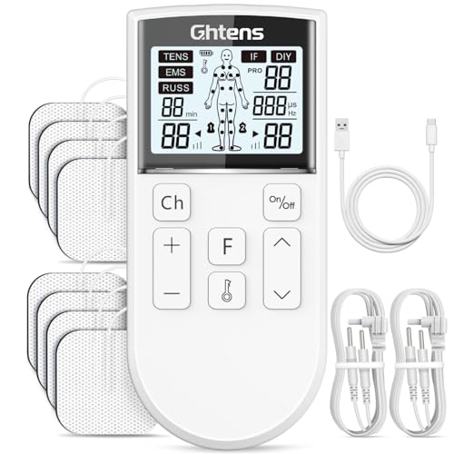 GHTENS 5 in 1 Elettrostimolatore Muscolare Professionale, Ricaricabile 80 Modalità con TENS/EMS/RUSS/IF/DIY Massaggio, 2 Canali, 16 Intensità per Alleviare il Dolore