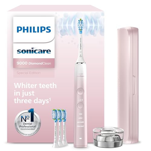 Philips Sonicare DiamondClean 9000 spazzolino elettrico sonico con app, sensore di pressione, 4 modalità di spazzolamento, 3 livelli di intensità, supporto di ricarica, rosa, modello HX9911/79
