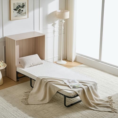 Shally Dogan Mobile Letto a Scomparsa, Giroletto Singolo Salvaspazio Richiudibile con Materasso Ergonomico Incluso, Armadio e Lettino da Parete Pieghevole Estraibile con Doghe (Olmo)