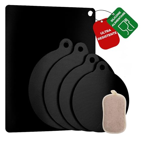 MAZZINI Kit Tappetini Copri Piano Induzione – 5 Pezzi (2x Ø22cm, 2x Ø24cm, 1x 23x33cm, Spessore 0,7cm) + Spugna per Pulizia | Silicone e Fibra di Vetro | Antiscivolo, Resistente al Calore 250°C