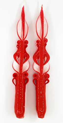 Kit 2 Candele Artigianali Artistiche Lunghe Rosse e Bianco - Interamente intagliata a mano