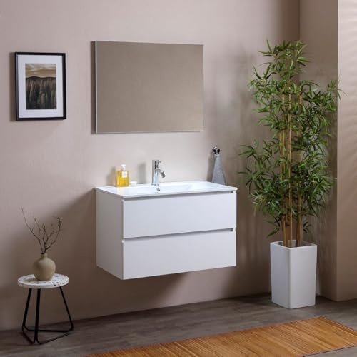 Kiamami Valentina MOBILE BAGNO 80 CM CON DUE CASSETTI IN BIANCO LEGNOE LAVABO IN CERAMICA | BERLIN
