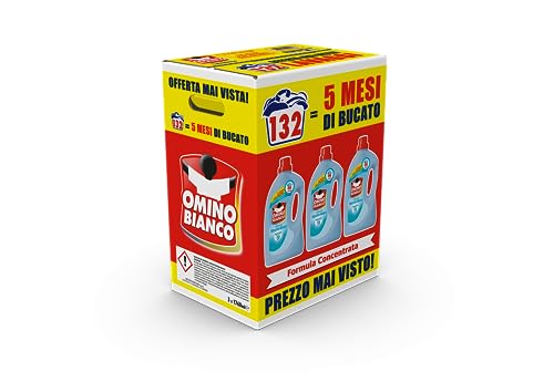 Omino Bianco - Detersivo Lavatrice Liquido, 132 Lavaggi, Rispetta Colori e Tessuti, Fresco Profumo con Essenza di Muschio Bianco, 1760 ml x 3 Confezioni
