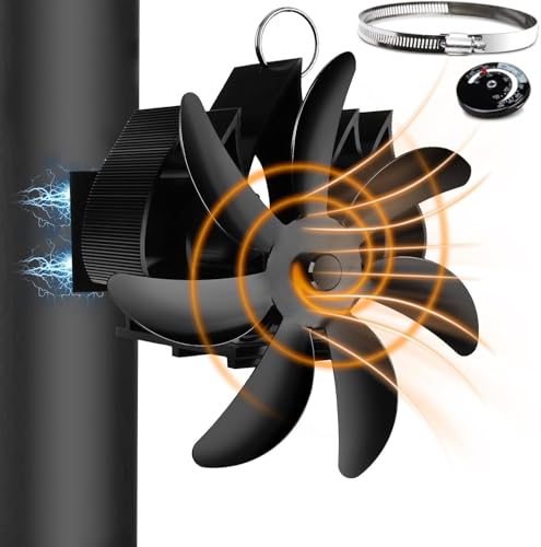 Fwiull Ventola Stufa Legna Magnetico, 7 Pales Ventilatori per Stufe a Legna,Ventilatore Stufa da Tubo con Termometro, Senza corrente Silenziosa ed Efficiente per Camino/Pellet/Gas