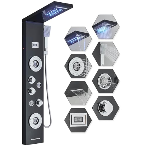 Hbronzeshower Pannello doccia in acciaio inox con LED, colonna doccia multifunzionale, 5 funzioni (doccia a pioggia, cascata, doccia massaggiante, doccetta con scarico) nero