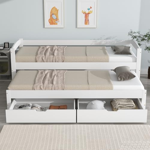 Moimhear Letto singolo e matrimoniale, letto scorrevole con ruote inferiori, con 2 cassetti in MDF, struttura in legno massiccio, bianco (90 x 200 cm/90 x 190 cm)