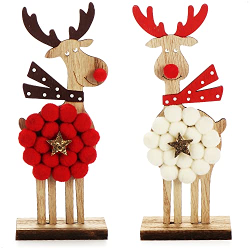 com-four® 2x Espositori decorativi per Natale - renne in legno con tessuto felpato da indossare - decorazioni natalizie per decorare o regalare (Renna XL - rossa + bianca)