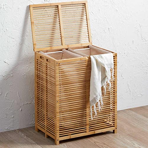 Bakaji Cesto Biancheria Sporca in Bambu Con Tessuto Grigio Portabiancheria Casa Bagno Con 2 Scomparti Contenitore Salvaspazio con Coperchio e Sacco Estraibile (50 x 35 x 60 cm)