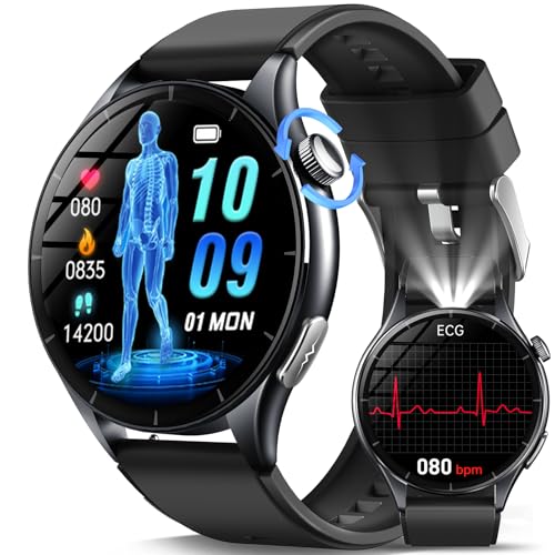 2025 Nuovo Smartwatch Uomo con ECG/𝐆li𝐜𝐞𝐦𝐢a/Pressione Sanguigna/Acido Urico/Sonno/BMI/Temperatura/Cardiofrequenzimetro,1,56"AMOLED Salutare Orologio con Torcia LED/Funzione Telefono/Pulsante SOS