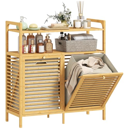 HOMCOM Mobile Portabiancheria da Bagno con 2 Scomparti a Ribalta, 2x41L, Mobile Biancheria Sporca in Bambù con Cesti Rimovibili Lavabili e 2 Ripiani, per Lavanderia e Bagno, 82x33x88 cm, Color Legno