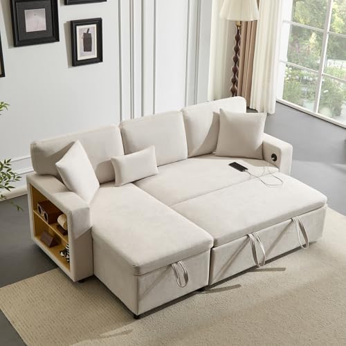 Zepneiy Divano letto estraibile con cassetta, grande divano a 3 posti a forma di L, con USB e ripiano integrato, dire mobili da soggiorno