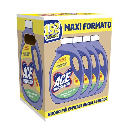 ACE Detersivo Igienizzante Talco e Muschio Bianco, Cartone da 4 Flaconi x 38 Lavaggi