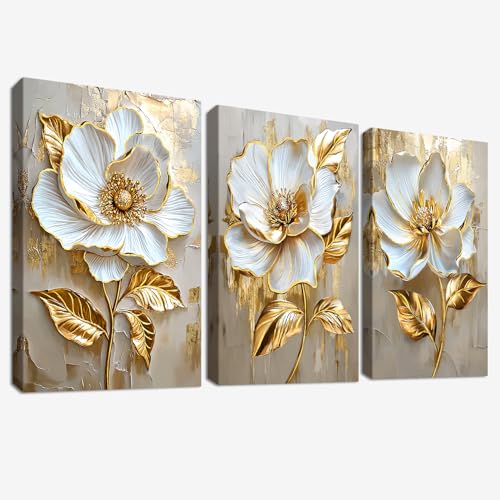3 Pcs Fiori di Peonia Bianca di Lusso Stampa su tela Con Cornice Grigio Foglie d'oro Floreale Pittura Quadri su tela Quadri Moderni Camera da Letto Soggiorno Decorazioni Murale 150x70cm(20"x28"x3pcs)