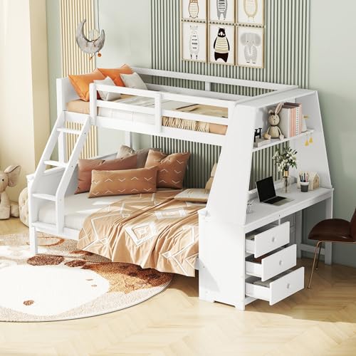 Letto a castello 140x200cm con scrivania integrata e vano portaoggetti,letto a soppalco con 3 cassetti e protezione dalle cadute, per cameretta dei bambini, telaio del letto e rete a doghe in (Bianco)