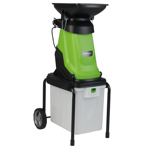 COSTWAY 3000 W Biotrituratore Elettrico per Rami, Trituratore da Giardino con Cestino da 50 L, Diametro di Taglio 45 mm, Tramoggia di Alimentazione e Ruote (Verde)
