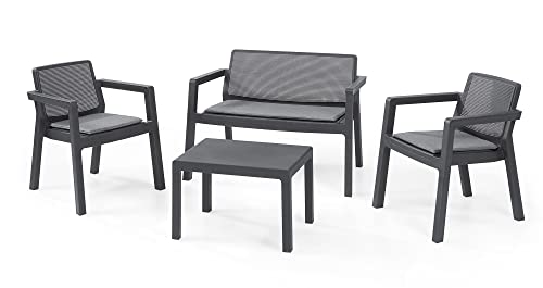 Keter Emily Lounge Set, Mobili da Giardino Superficie Liscia con Divano 2 Posti 2 Sedie E Tavolino, Grafite