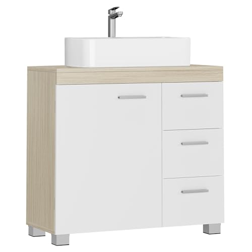 VASAGLE Mobile Sottolavabo per Bagno, Mobiletto da Bagno, 3 Cassetti Laterali, 2 Scomparti dietro l'Anta, per Lavabi con Colonna, con Piedini, 30 x 70 x 64 cm, Bianco Nuvola e Beige Naturale BBK504K01