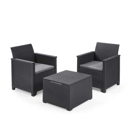 Keter Emma Balcony Set - Mobile da esterno composto da due poltrone con cuscini e tavolino contenitore, grafite