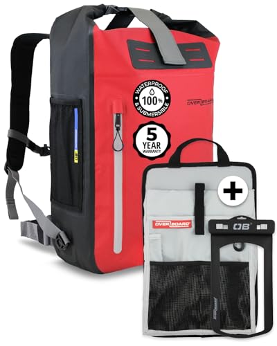 Overboard Zaino impermeabile rosso da 30 l, borsa impermeabile arrotolabile per kayak, spiaggia, canottaggio, escursionismo, pesca, rafting, include custodia impermeabile per telefono e organizer per