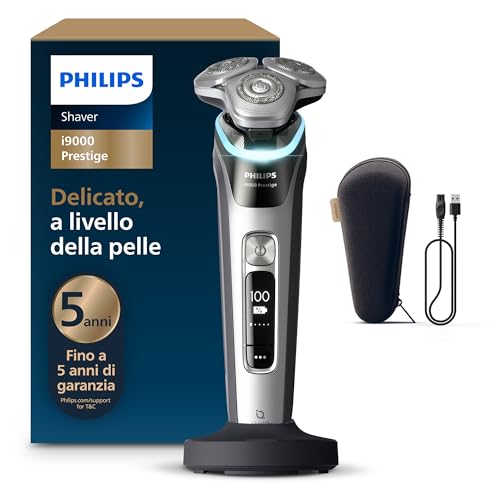 Philips Shaver i9000 Prestige, rasoio elettrico Wet & Dry, Dark Slate Nova, tecnologia Skin IQ, triplo sistema di sollevamento e taglio, doppie lame rotanti SteelPrecision a 360°, modello XP9204/10