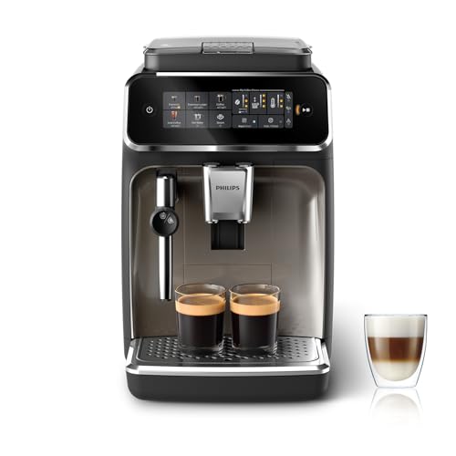 PHILIPS Serie 3300 Macchina da caffè automatica - 5 tipi di bevande, Touch screen a colori, Sistema LatteGo, SilentBrew, Macinacaffè in ceramica al 100%, Filtro AquaClean. Cromato Nero (EP3326/90)