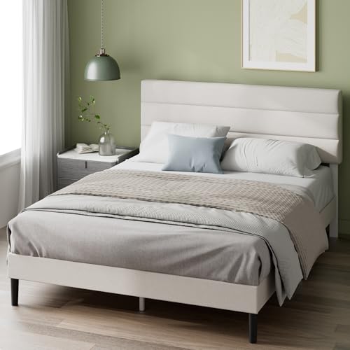 Zinus Piper Struttura Letto 160x190 cm con Testiera - Altezza 30 cm - Letto Matrimoniale Imbottito con Rete a Doghe in Legno - Facile da Montare - Bianco Sporco