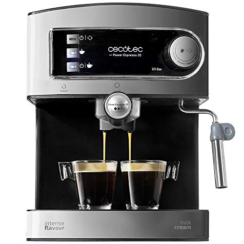 Cecotec Macchina da caffè Power Espresso 20. Capàcità 1,5 L, 20 bar, doppia uscita, vaporizzatore, acciaio inossidabile, scaldatazze, 850 W