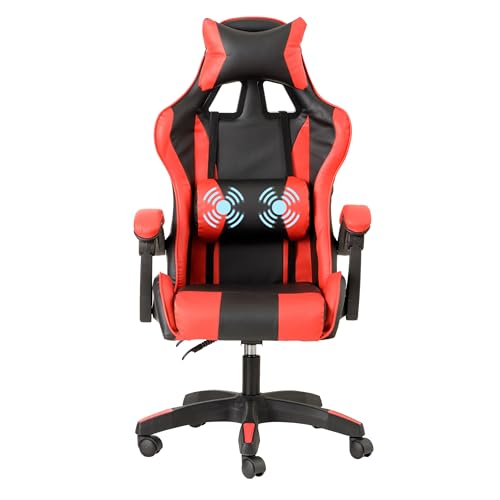 Baroni Home Sedia da Gaming Ergonomica con Massaggiatore Lombare, Sedia da Ufficio con Schienale Reclinabile con Cuscini Regolabili Poggiatesta e Supporto Schiena, Rosso