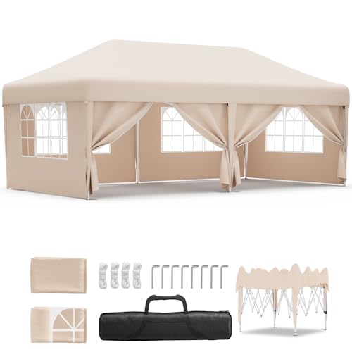 JUMMICO Gazebo 3x6 Pieghevole Impermeabile con 6 Parti Laterali，Gazebo Pieghevole Regolabile in Altezza,Gazebo da Giardino Protezione UV 50+,Gazzebo Da Giardino Campeggio Esterno Piscina Fiere,Beige