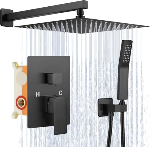 UCMDA Set Doccia Scomparsa - 2 Funzioni Doccia Sistema con Soffione Doccia a Pioggia Quadrato da 25cm e Doccetta, Colonna da Doccia Incassato nero, Set Doccia Completo Adatto per Bagni